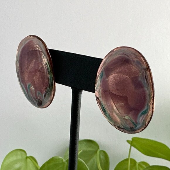 Abstract Design Enamel & Hammered Copper Earrings For Pierced Ears - Picture 5 of 8